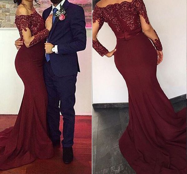 

Burgundy red mermaid evening dre e 2017 bateau neck long leeve equin applique atin prom dre e women formal evening wear