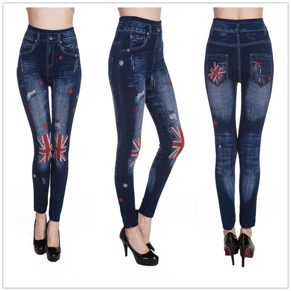 

wholesale- 2017 women leggings fashion imitation jeans prints leggings for women casual trousers denim pants bottom elastic leggins, Black