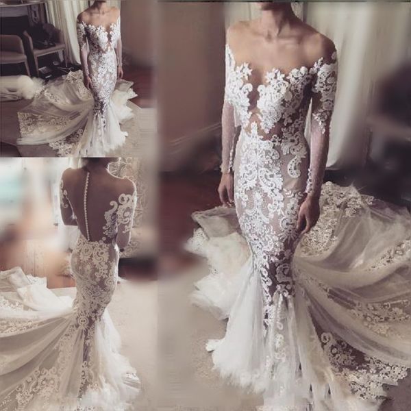 Abiti da sposa a sirena in pizzo retrò Abiti da sposa sexy con scollo a barchetta trasparente Abiti da sposa a maniche lunghe con bottoni ricoperti