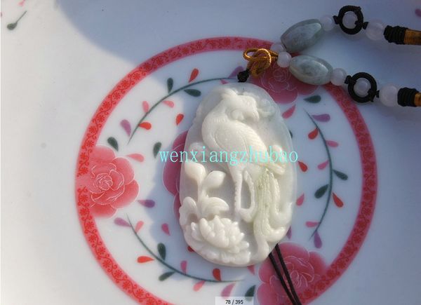 

natural white jade oval. hand-carved. amulet of the phoenix peony (the danfeng chaoyang) retro necklace pendant, Silver