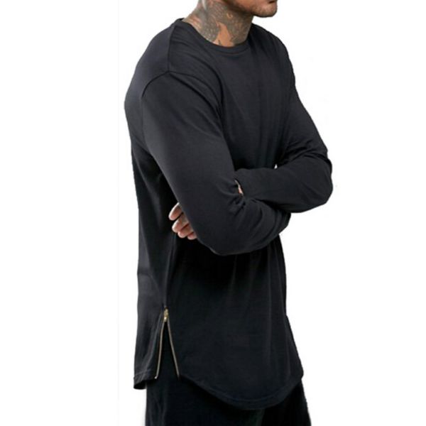 Trends T-shirt da uomo Maglietta a maniche lunghe super longline Hip Hop Arc con orlo curvo Zip laterale Top tee