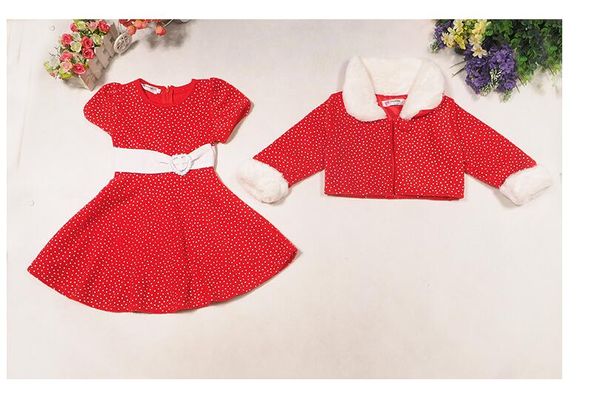 

children gift baby girl christmas dress clothes suit new year red dress coats for girls fur collar jacket dress suit, Red;yellow