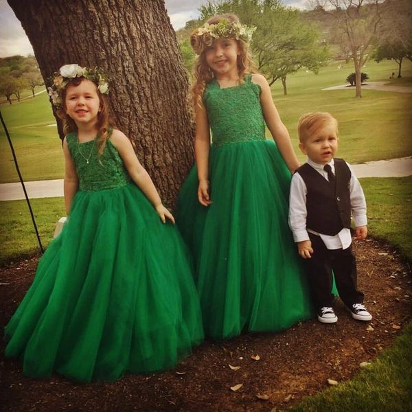 

latest design fashion green tulle ball gown flower girl dresses cross straps lace floor length wedding party pageant dress custom made draps, White;blue