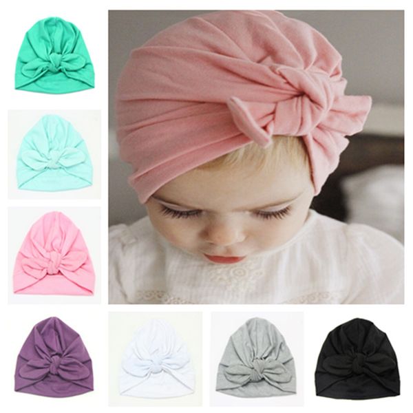 

fashion baby hats kids girl bunny ear hat turban bowknot head wraps hats 9 colors infant cotton hats kids winter beanie children headwear, Yellow
