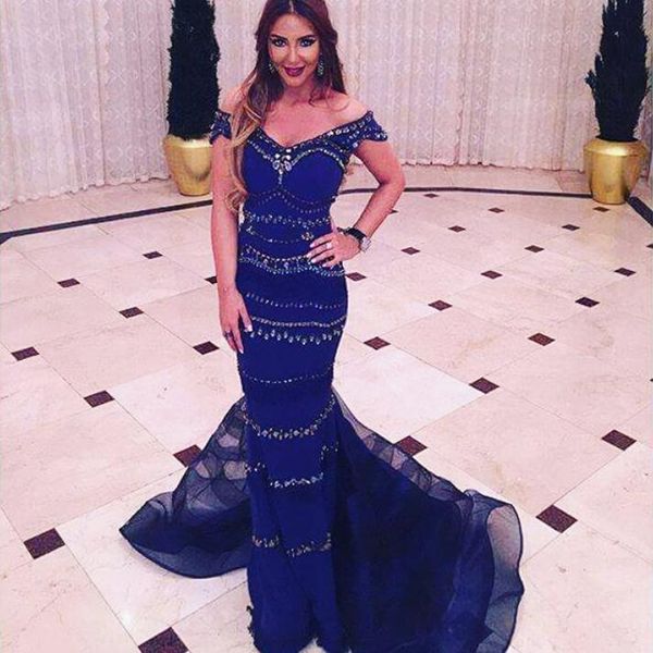 

off shoulder short sleeves beading royal blue mermaid organza prom 2k17 dresses african arabic evening wear dresses cocktail party formal, Black;red