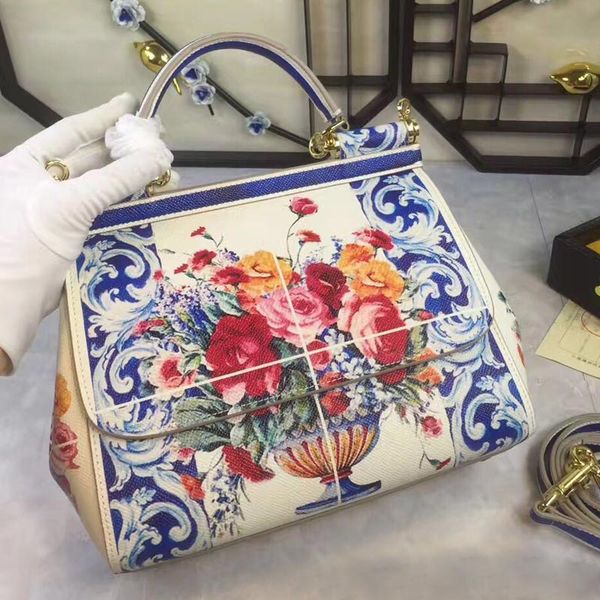 

2017 winter flowers of blue and white porcelain color printing Sicily Handbag Shoulder Messenger leather bag medium