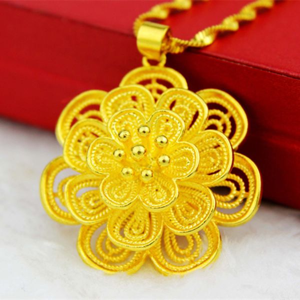 

Филигрань цветок Shaped кулон 24 K желтое золото заполненные старинные женские ожерелье цепь элегантный ювелирные изделия