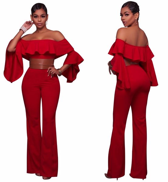 

wholesale- new style cornell ruffle off-the-shoulder belter jumpsuit blue/white/red reffles details slash neck flare sleeve jumpsuits, Black;white