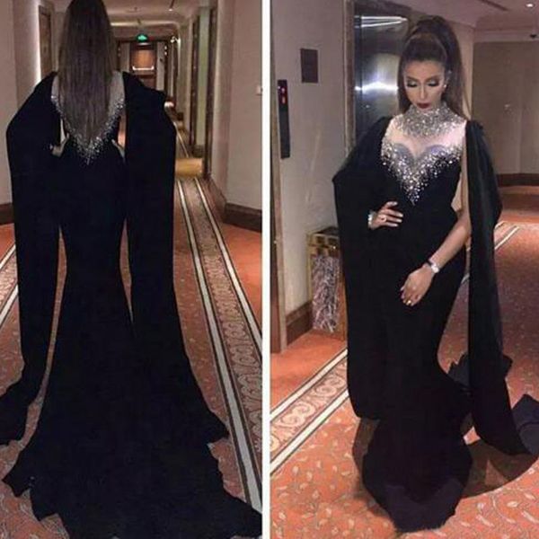 Haifa Wahbe Perlen Schwarze Abendkleider Sexy Cape-Stil Neueste Meerjungfrau Abendkleider Dubai Arabische Partykleider Echte Bilder Benutzerdefinierte