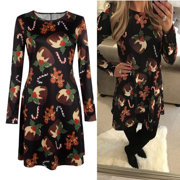 

15pcs S-2XL Womens A-Line Long Sleeved Chocolate Christmas Print Flared A-Line Skater Short Dress Party Swing Dresses Clubwear