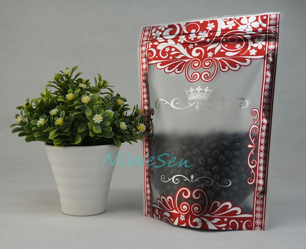 14x20 cm, 100 pçs / lote auto-standing fosco saco ziplock transparente com flor vermelha impressão-poeira pacote seco manga / maçã saquinho poli