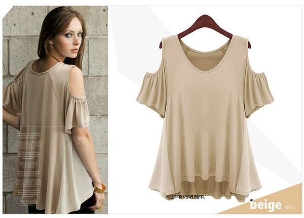 Summer Fashion Europe Hot Womens Sexy Off Plouds Cotton Chefon Patchwork рубашка элегантная короткая свободная блузка футболка Beige