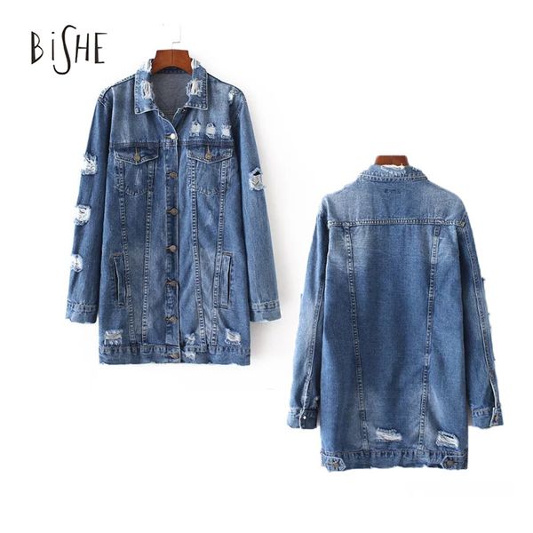 

wholesale- new fashion spring women's european style denim jacket coat long retro loose holes women jeans jacket turn down collar outer, Black;brown