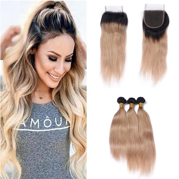 2019 1b 27 Honey Blonde Straight Hair Bundles With Lace Closure