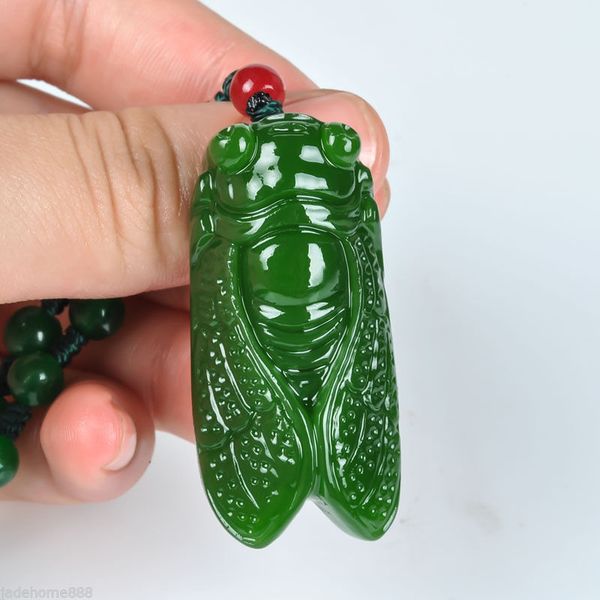 

chinese handcarved 100% natural nephrite green jade cicada pendant necklace, Silver