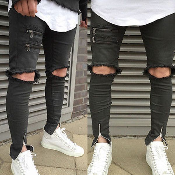 

wholesale- 2017 new fashion hole hollow out fake zippers vintage men's straight hole slim fit jeans black distressed ripped skinny pant, Blue