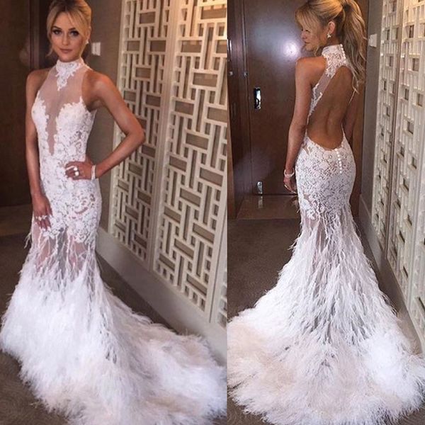 

mermaid halter neck court train open back white tulle prom dress with appliques ostrich feather evening gowns party dress, Black