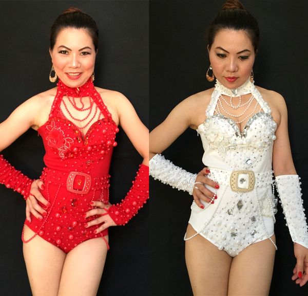 costume femminile rosso bianco giallo tuta sexy cucito a mano perla per cantante star ballerina discoteca bar fashion dj show performance