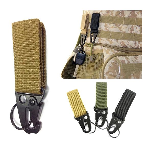 Commercio all'ingrosso Gadget da esterno Tattico militare Multifunzione Moschettone Clip di chiusura Nylon Fettuccia Fibbia Appeso Portachiavi con gancio olecrano