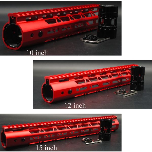 Red anodizado 10 '' 12 '' 15 '' polegadas M-LOK Handguard Rail Free Float sistema de montagem de aço ultraleve / porca de barril de alumínio