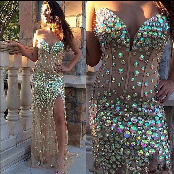 Abito da ballo lungo con scollo a cuore di lusso con perline importanti Sirena con strass Cristalli Abito da festa formale senza schienale con perline Realizzato su misura Taglie forti