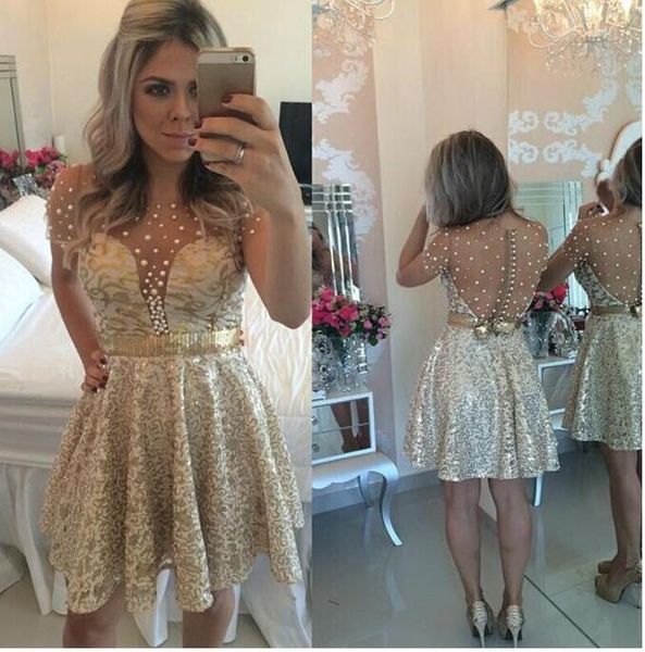 

2017 новый золотой blinbling короткие рукава homecoming платья beadings see through back жемчуг блестки короткие платья выпускного вечера бл, Blue;pink