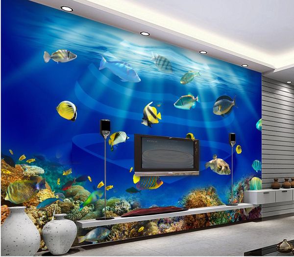 coração oceano mundial em forma de tanque de peixes Peixes tropicais TV 3D estéreo mural 3d papel de parede 3d papéis de parede para TV pano de fundo