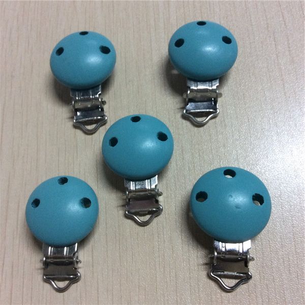 

wholesale-2014 new fashion 5 pieces baby pacifier clips with solid color wooden ing