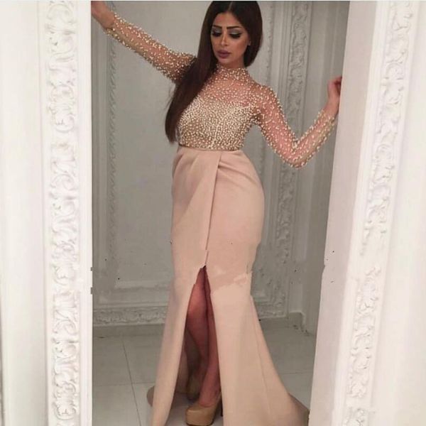 

2017 illusion high neck split sheath evening dresses beading long sleeve prom gowns with pearls custom made african celebrity dress, Black;red
