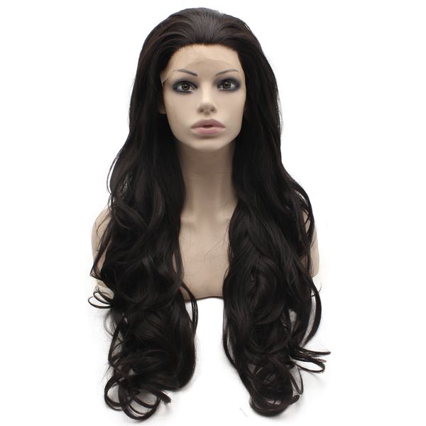 

long wavy dark brown heat friendly fiber hair natural lace front wig, Black