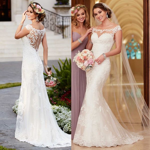 

Vintage Lace Wedding Dress 2017 New Mermaid Boho Bride Dresses Cap Sleeve Greek Boat Neck 2017 Spring Bridal Gowns