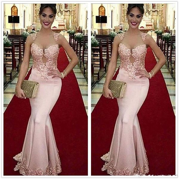 

2017 pretty pink satin illusion tulle lace applique mermaid evening dresses long beaded evening party gowns luxury formal dress custom made, Black;red