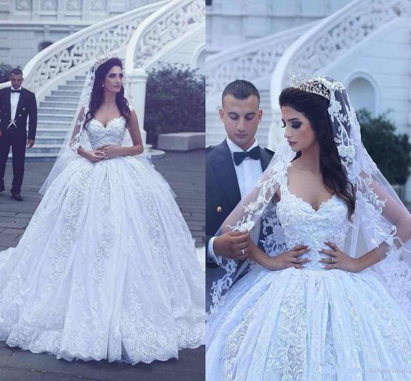 

vintage embroidery lace wedding dresses 2017 dubai princess bridal gowns crystal beading sweetheart neck long wedding gowns court train, White