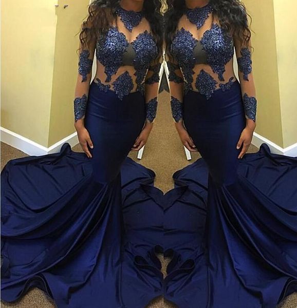

navy blue prom dress long for black girls sheer lace beaded long sleeves sweep train formal evening party gown