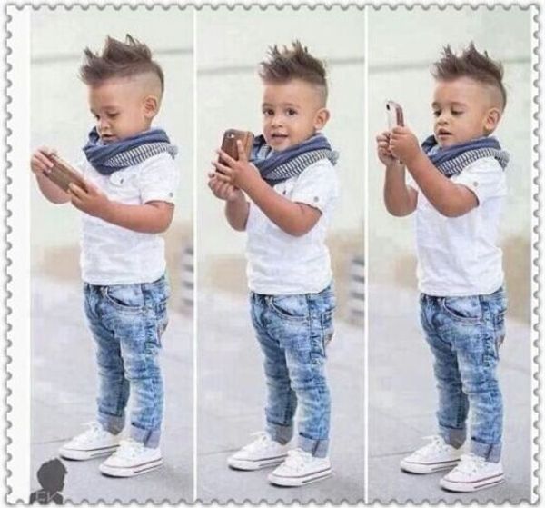 

3pcs toddler baby boys dress t-shirt+scarf+denim pants set kids clothes outfits, White