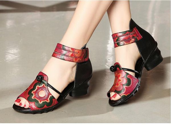 

Ethnic Style Summer Genuine Leather Shoes Women Sandals Peep Toe High Heels Print Leather Sandals Ladies Shoes