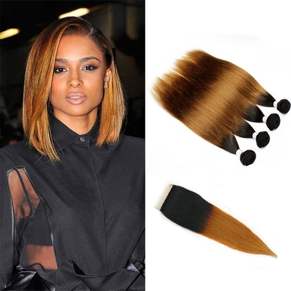 

сырое индийский прямые волосы пучки t1b 30 dark root medium auburn ombre человеческих волос weave 4 пачки с кружевом закрытие, Black;brown