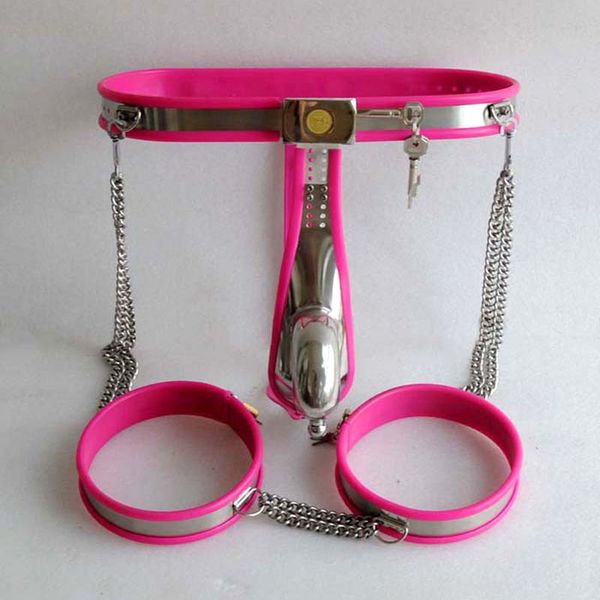 Silicone rosa de aço inoxidável masculino cinto de castidade calças coxa anel galo gaiola dispositivo de castidade bdsm bondage brinquedos sexuais para homens