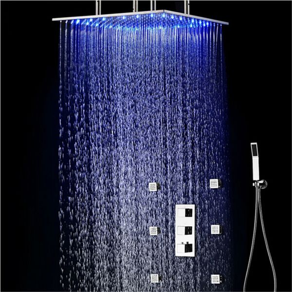

20" светодиодная насадка для душа количество осадков термостатический душ комплект 6 панелей гидромассажем тела, встроенные светодиодные пот