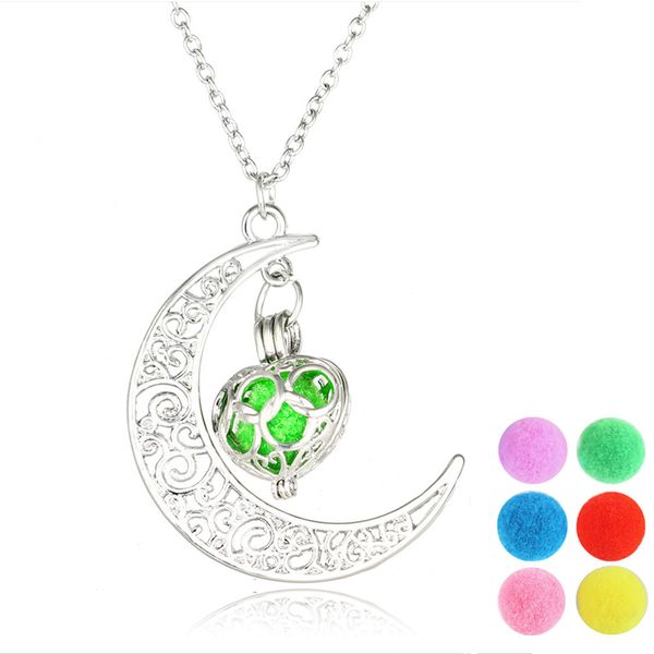 

2017 diy aromatherapy necklace moon&heart pendant perfume essential oil diffuser locket necklace jewelry necklace for woman lovely gift, Silver