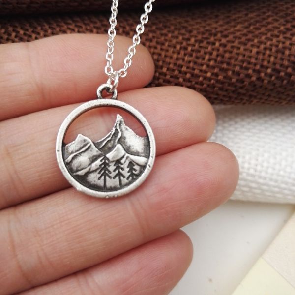 

10 pcs lovely round pendant pine tree charm under the mountain necklace camping jewelry outdoor jewelry gifts for campers, Silver