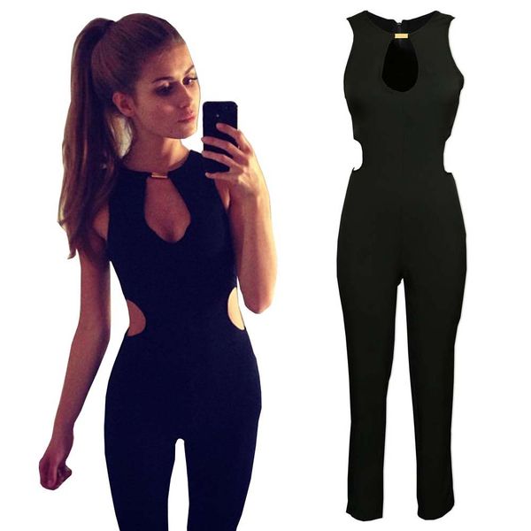 

wholesale- summer women jumpsuit overalls casual rompers v-neck sleeveless party clubwear hollow out jumpsuits backless bodysuit yf309, Black;white