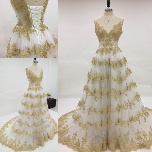 Impressionante marfim e vestidos de noiva de ouro uma linha de cintas de espaguete colorido vestido de noiva de ouro brilhante apliques de renda espartilho vestido de noiva de volta