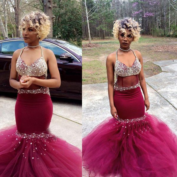 

halter neckline tulle mermaid gorgeous crystal prom dress with silver beading puffy evening gowns vestidos largos de fiesta, Black