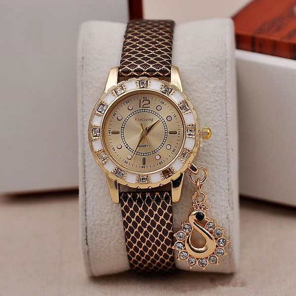 

luxury diamond watches women swan pendant wristwatches snakeskin style leather band dress watch crystal hours wristwatch, Slivery;brown