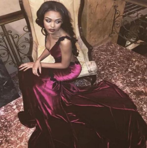 

open back burgundy wine red prom dresses 2017 mermaid v neck velvet satin long train party evening gowns cheap, Black