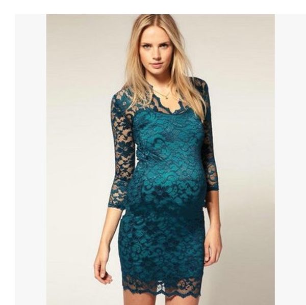 

autumn and winter fashion one-piece dress banquet maternity formal dress three quarter sleeve elastic lace maternity clothing, White