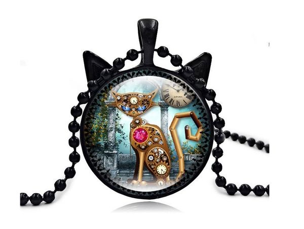 

2017 new vintage mechanical cat watch time gem necklace black cat pendant sweater chain female necklace, Silver