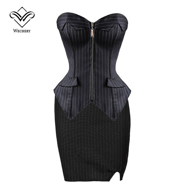 

corset corsets and bustiers burlesque black stripe corset with skirt zipper lace up corsages corselet plus size s-6xl, Black;white