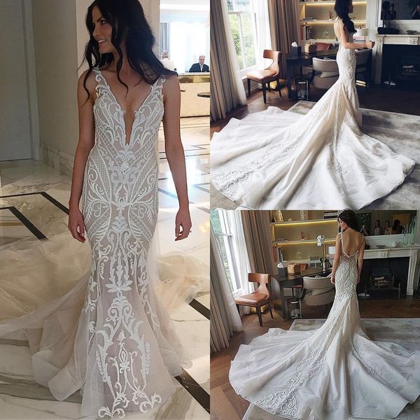 

кружева из бисера аппликация русалка свадебные платья спинки свадебные платья глубокий v-образным вырезом плюс размер свадебное платье, White